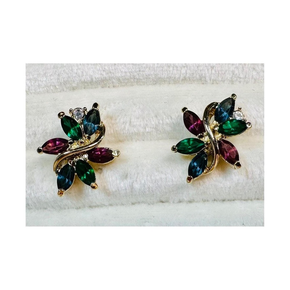 Vintage 1990s Gold Tone Multicolor Marquise Crystal Cluster Post Earrings Floral